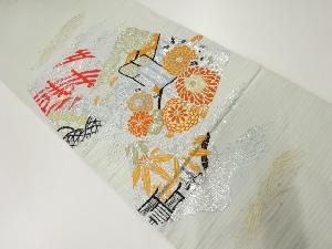 アンティーク　絽色紙に御所車・菊・笹模様織出し丸帯（材料）